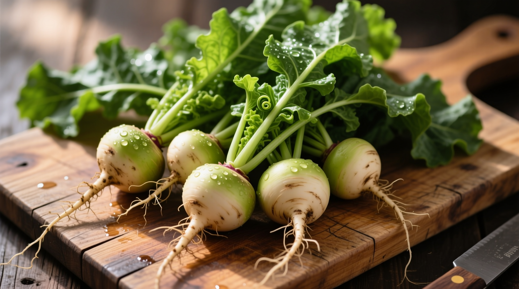 Fresh turnips with greens on wooden cutting board