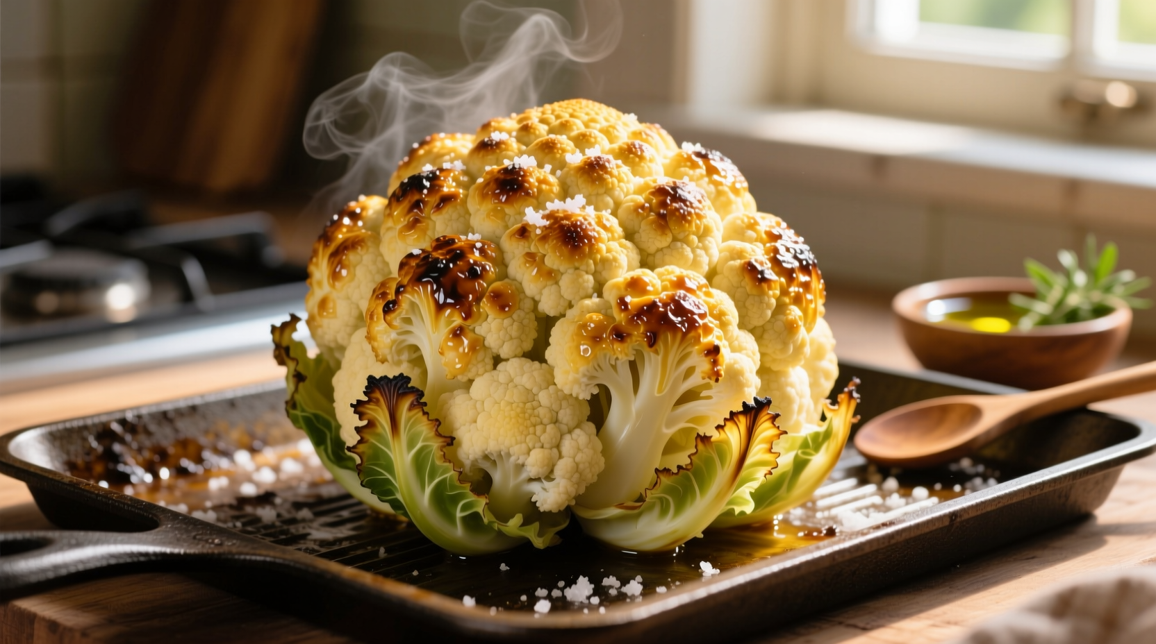 Golden roasted whole cauliflower head on baking sheet