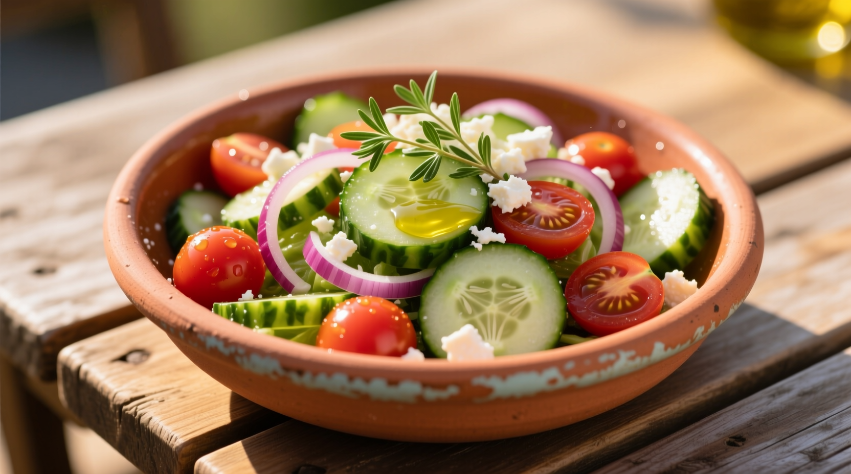 Fresh Greek cucumber tomato salad in terra cotta bowl