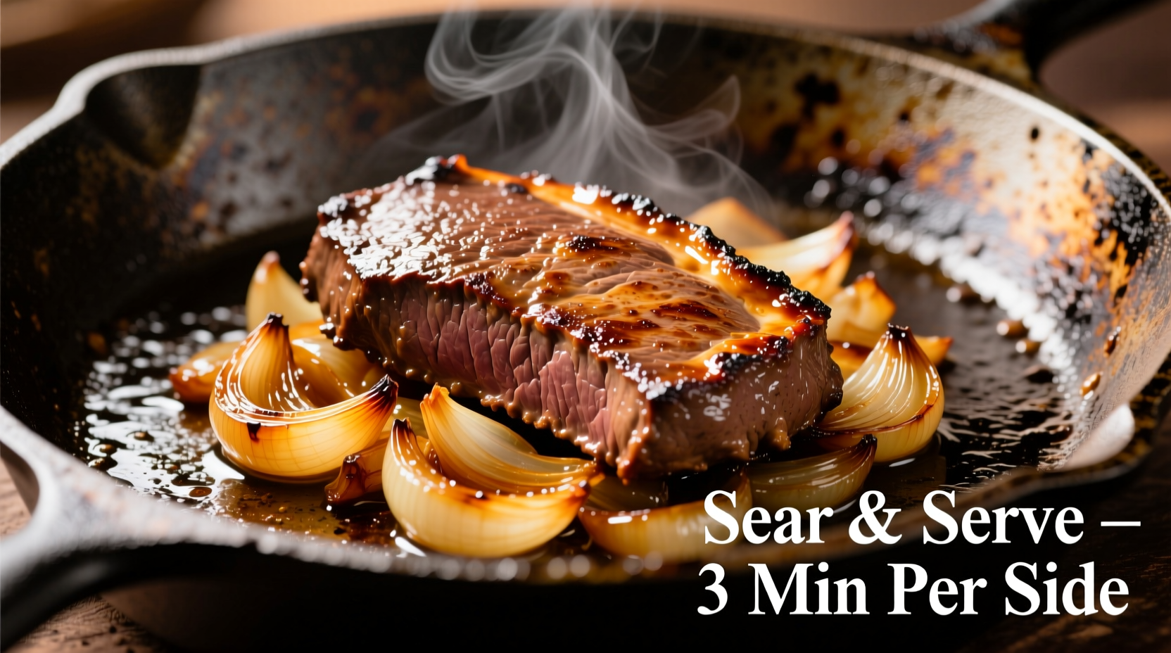 Perfectly seared liver and caramelized onions on cast iron skillet