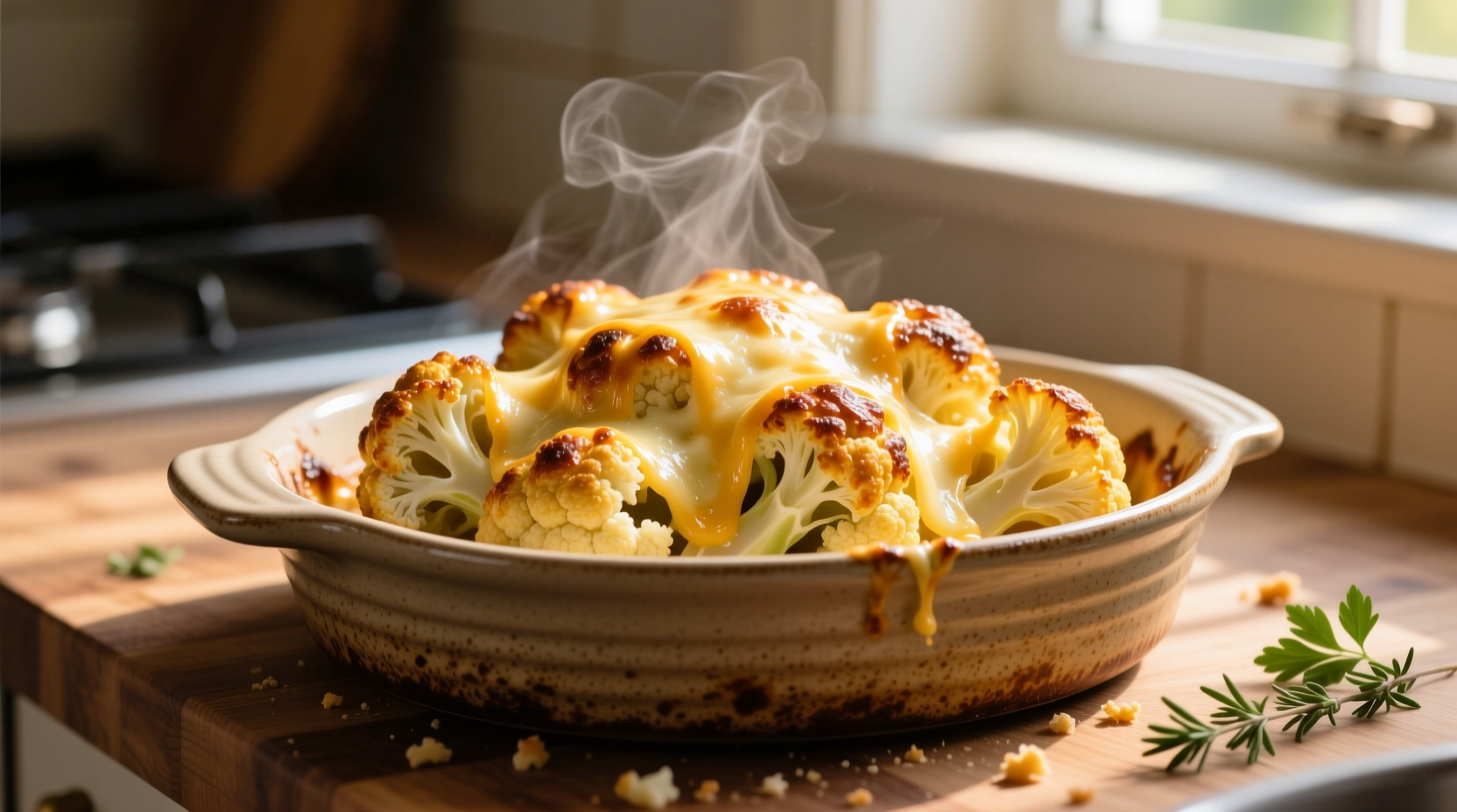 Golden roasted cheesy cauliflower in baking dish