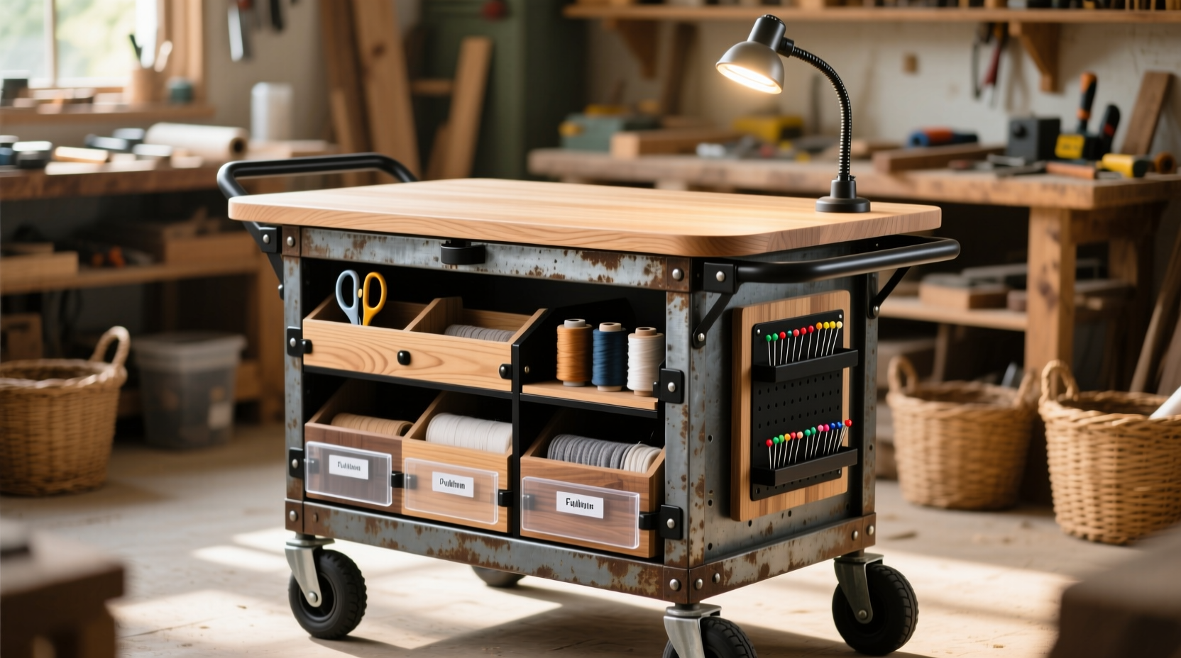 DIY rolling craft cart built from utility cart with custom organizers