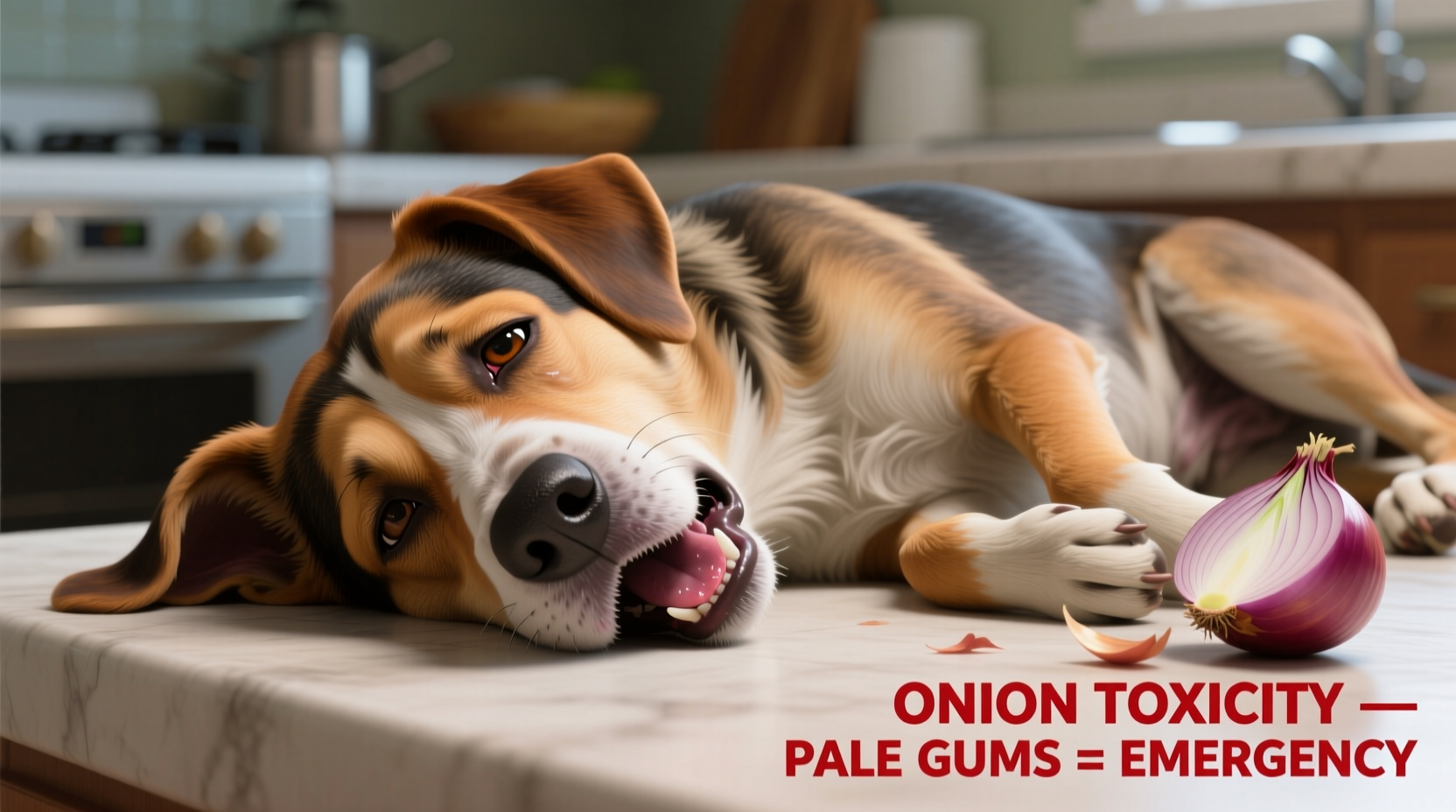 Dog showing weakness signs with pale gums from onion toxicity
