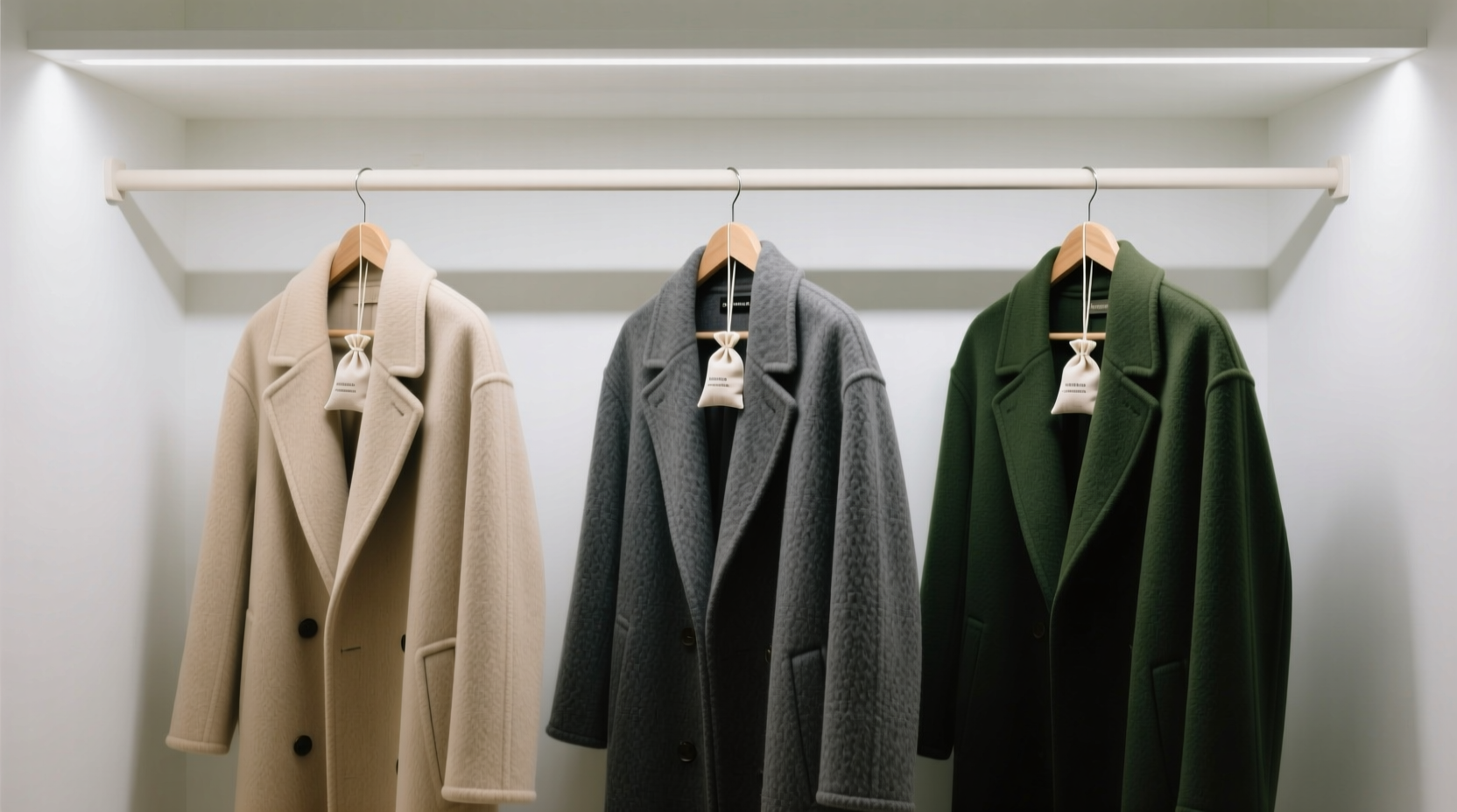 A minimalist closet showing three wool coats hung with space between, each accompanied by a small, unbleached cotton sachet clipped to the hanger bar—not tucked inside the garment. No visible cedar, plastic, or clutter. Lighting is cool and even.