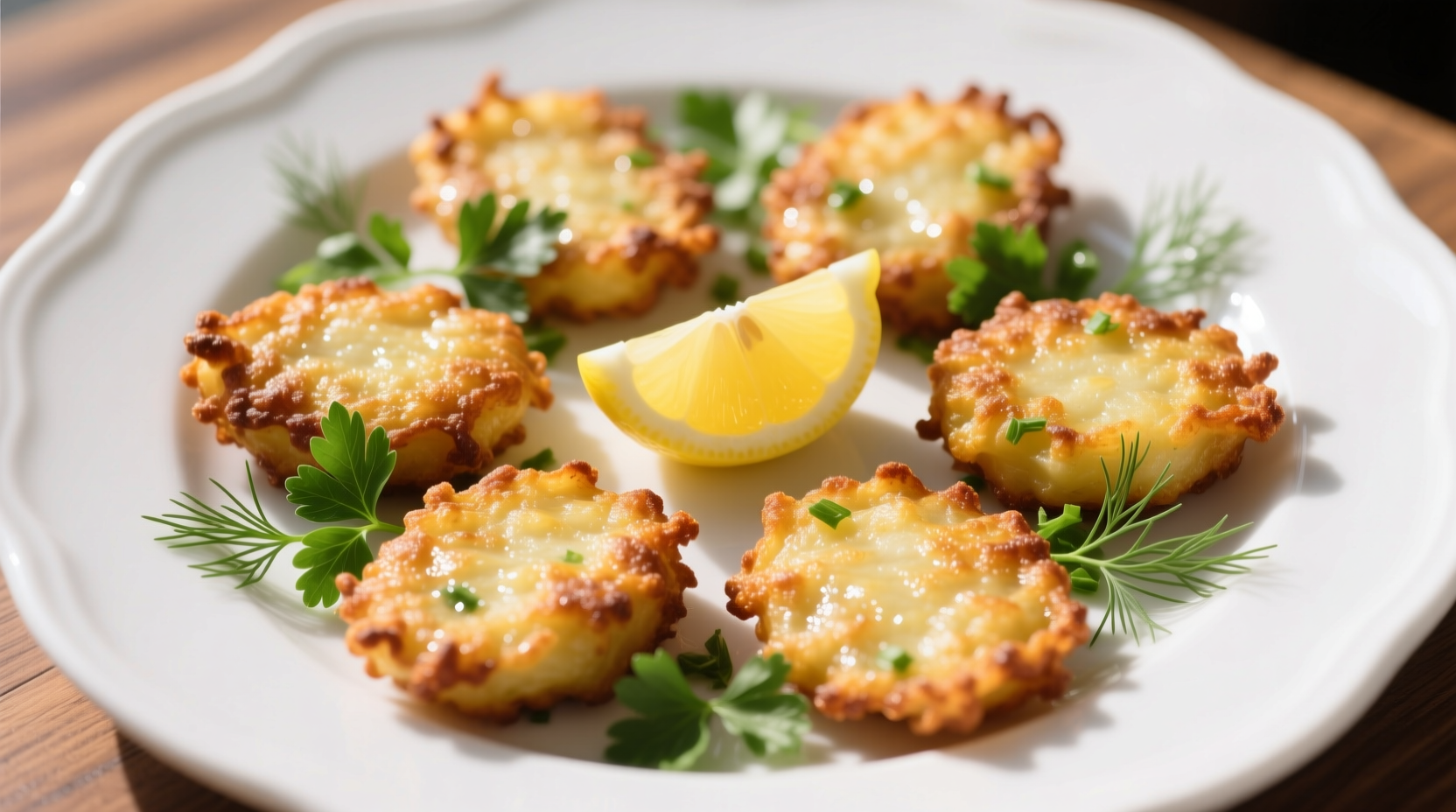 Golden brown potato fritters on white plate with fresh herbs