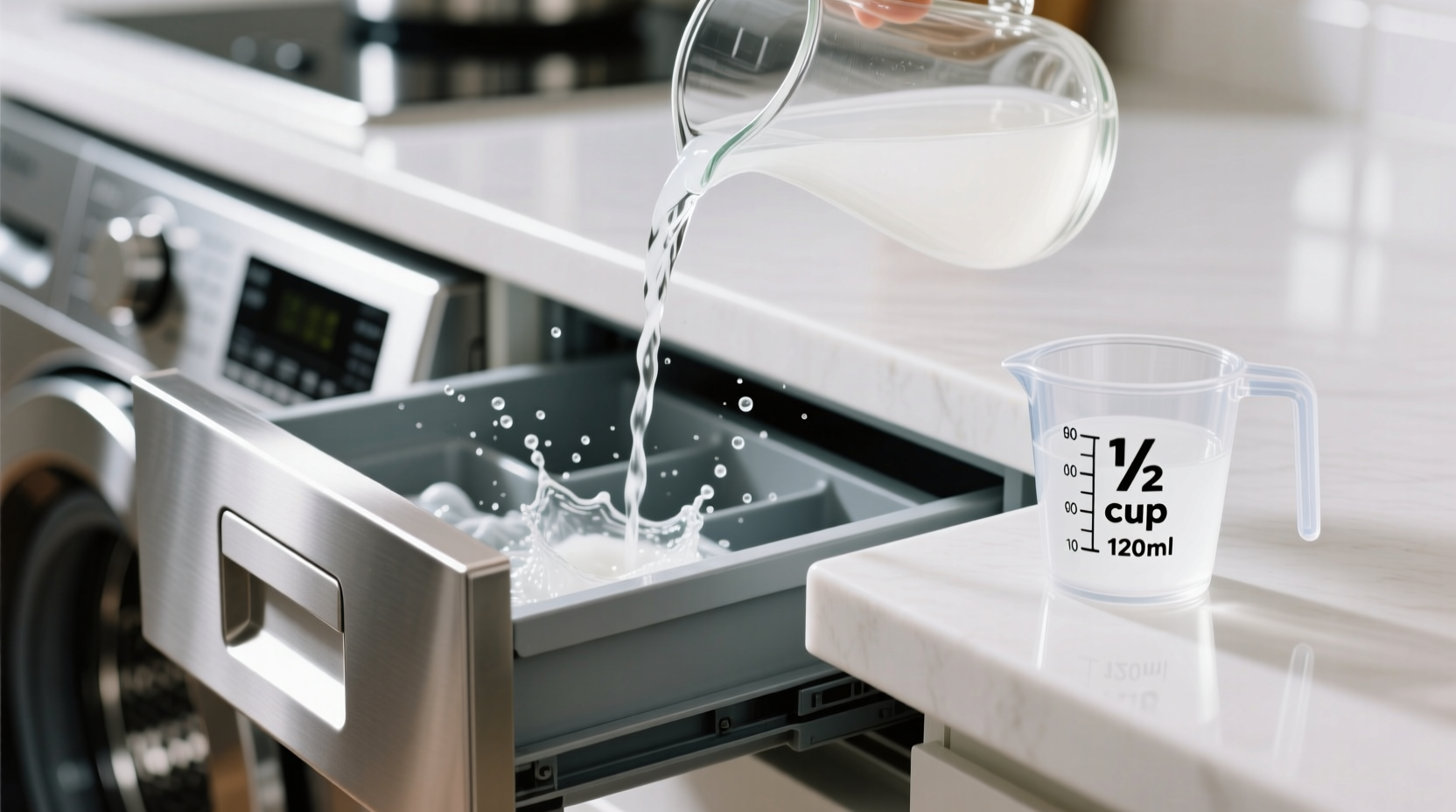 Close-up of a washing machine detergent drawer with white vinegar being poured into the rinse compartment, next to a small measuring cup showing ½ cup volume