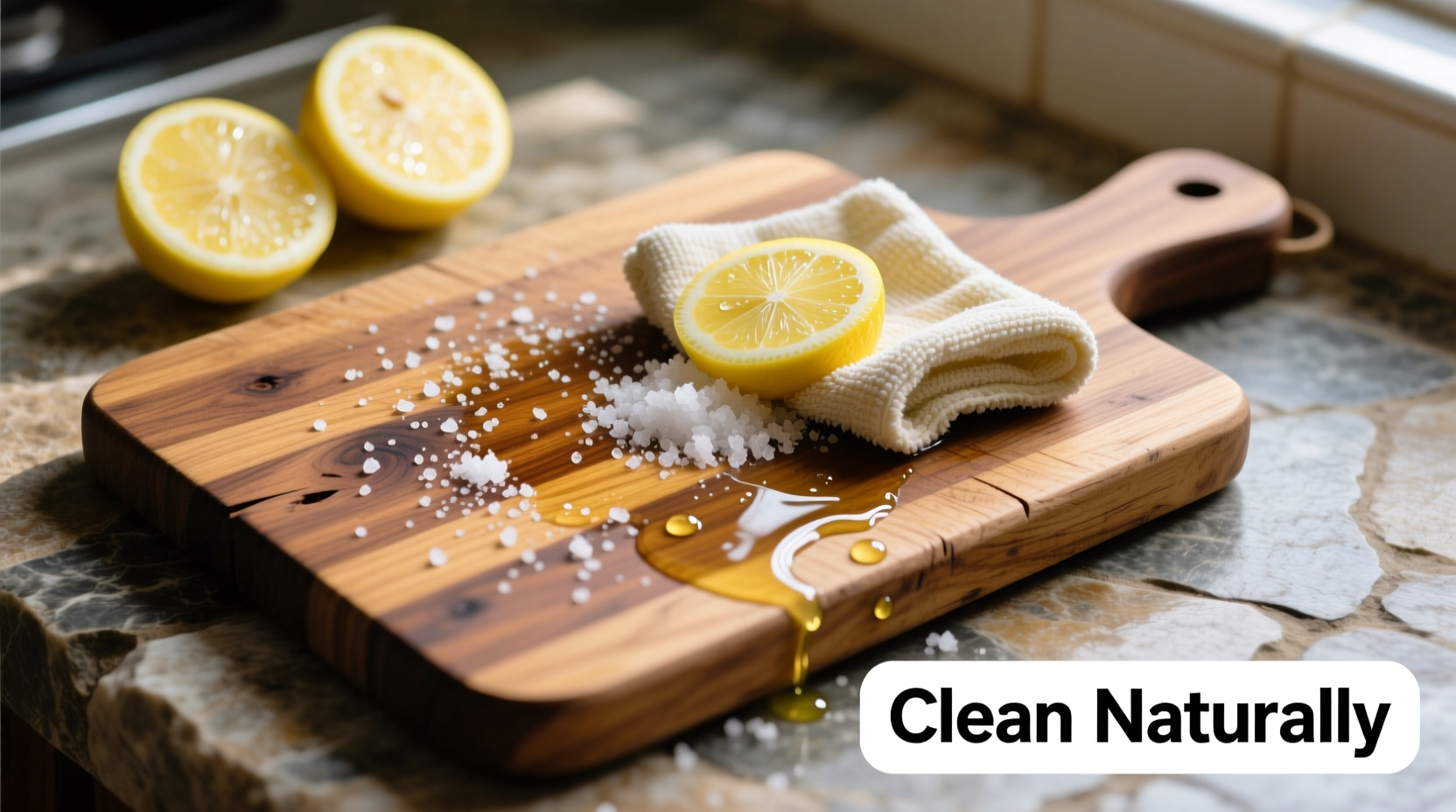 Wood cutting board being cleaned with lemon and salt