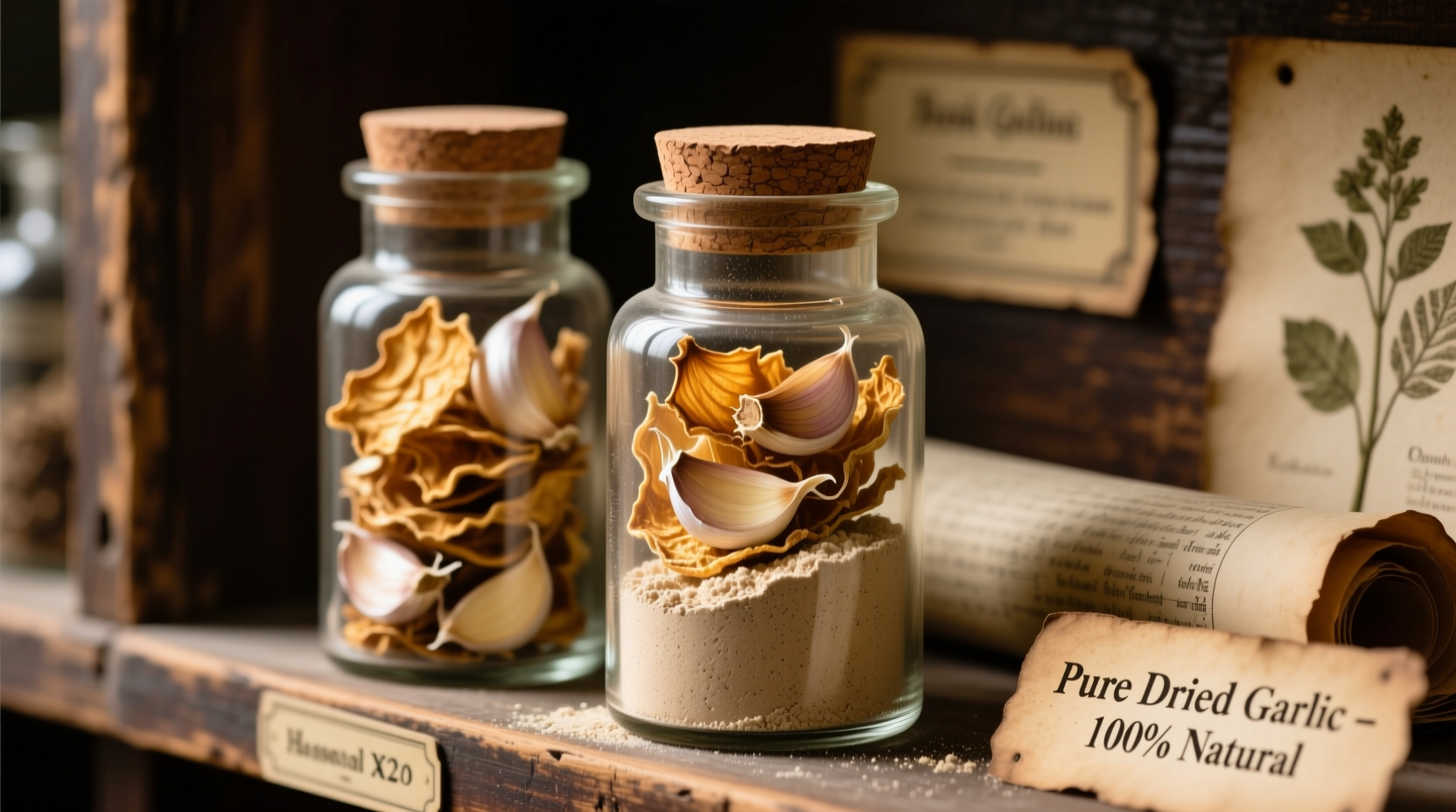 Dehydrated garlic flakes and powder in glass jars