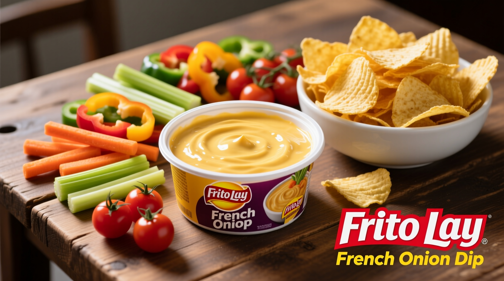 Frito Lay French Onion Dip served with assorted vegetables and chips