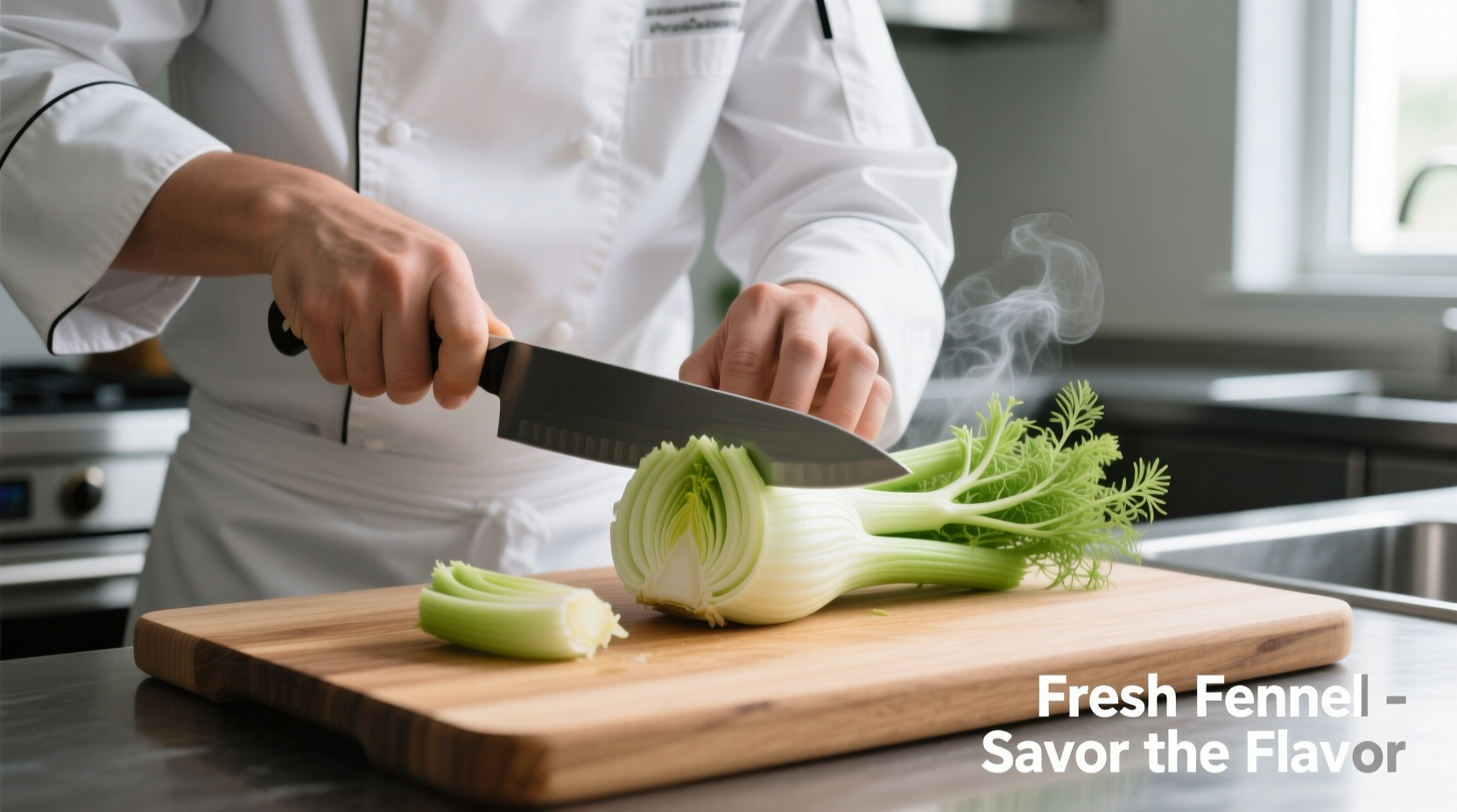 Chef preparing fresh fennel bulb on cutting board