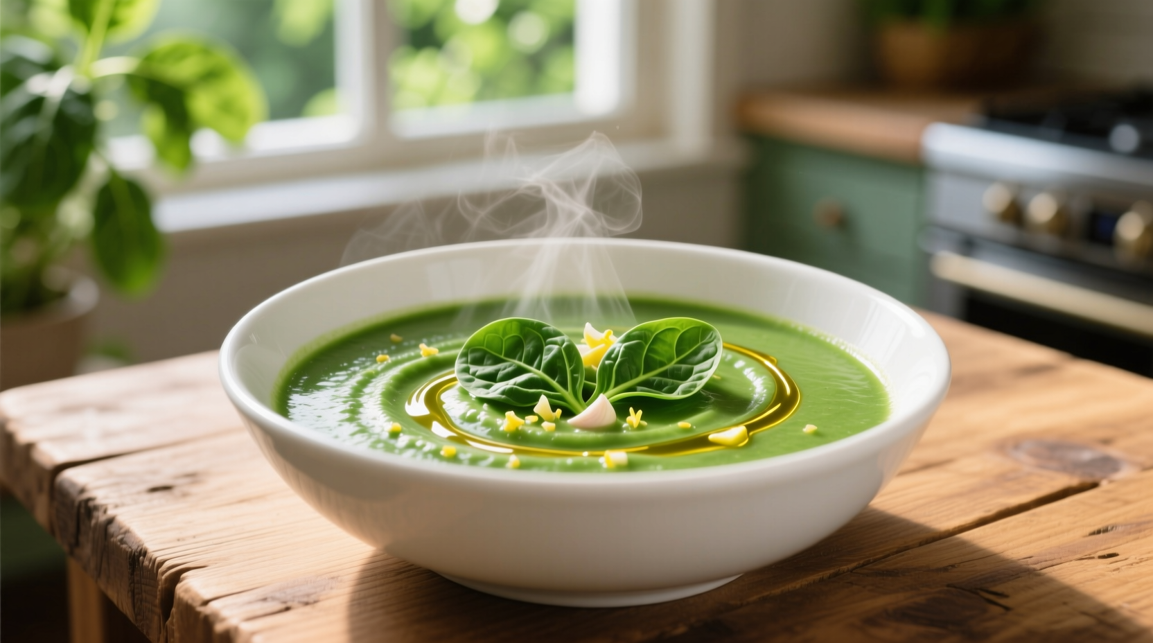 Vibrant green spinach soup in white bowl