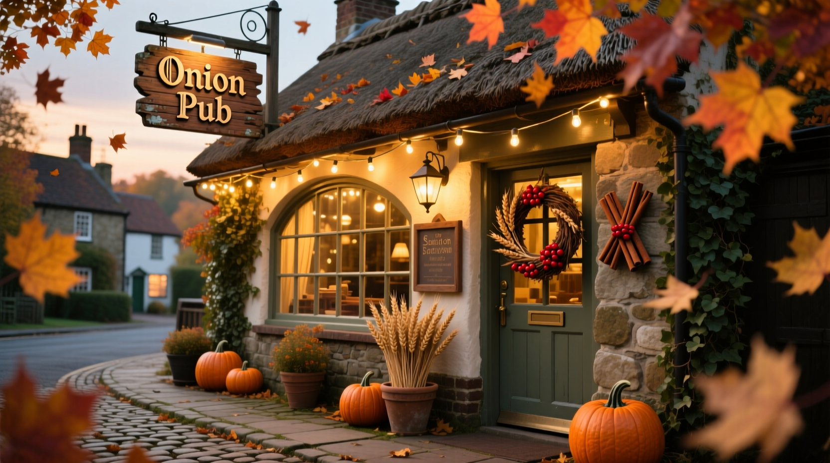 Onion Pub exterior with seasonal decorations