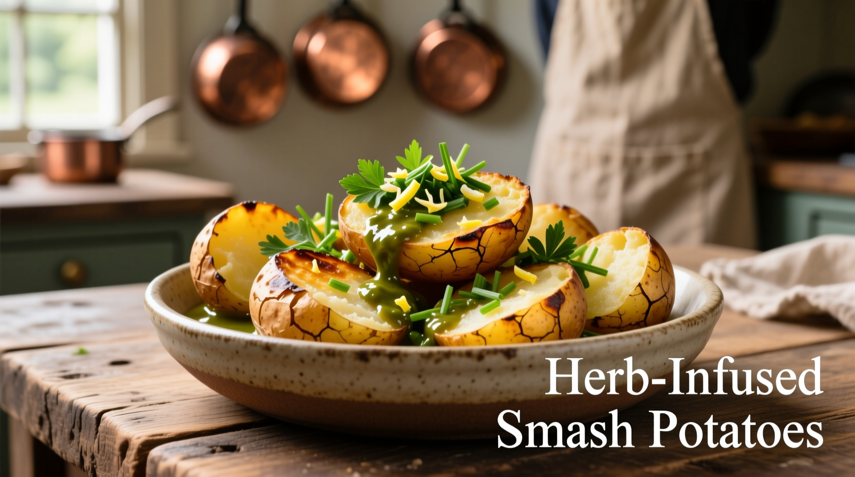 Crispy golden smashed potatoes with herb sauce drizzle