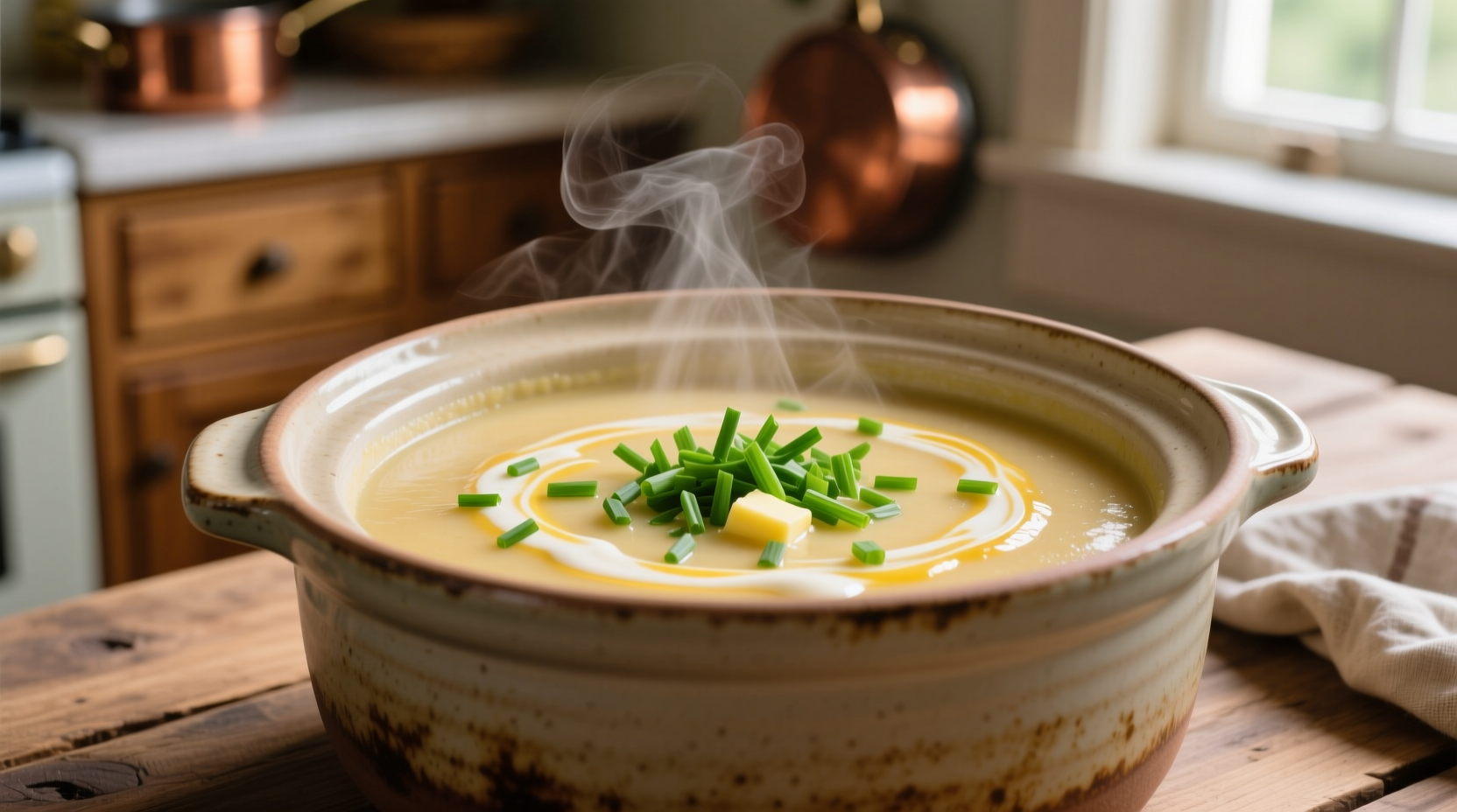 Crock pot filled with creamy potato soup topped with chives