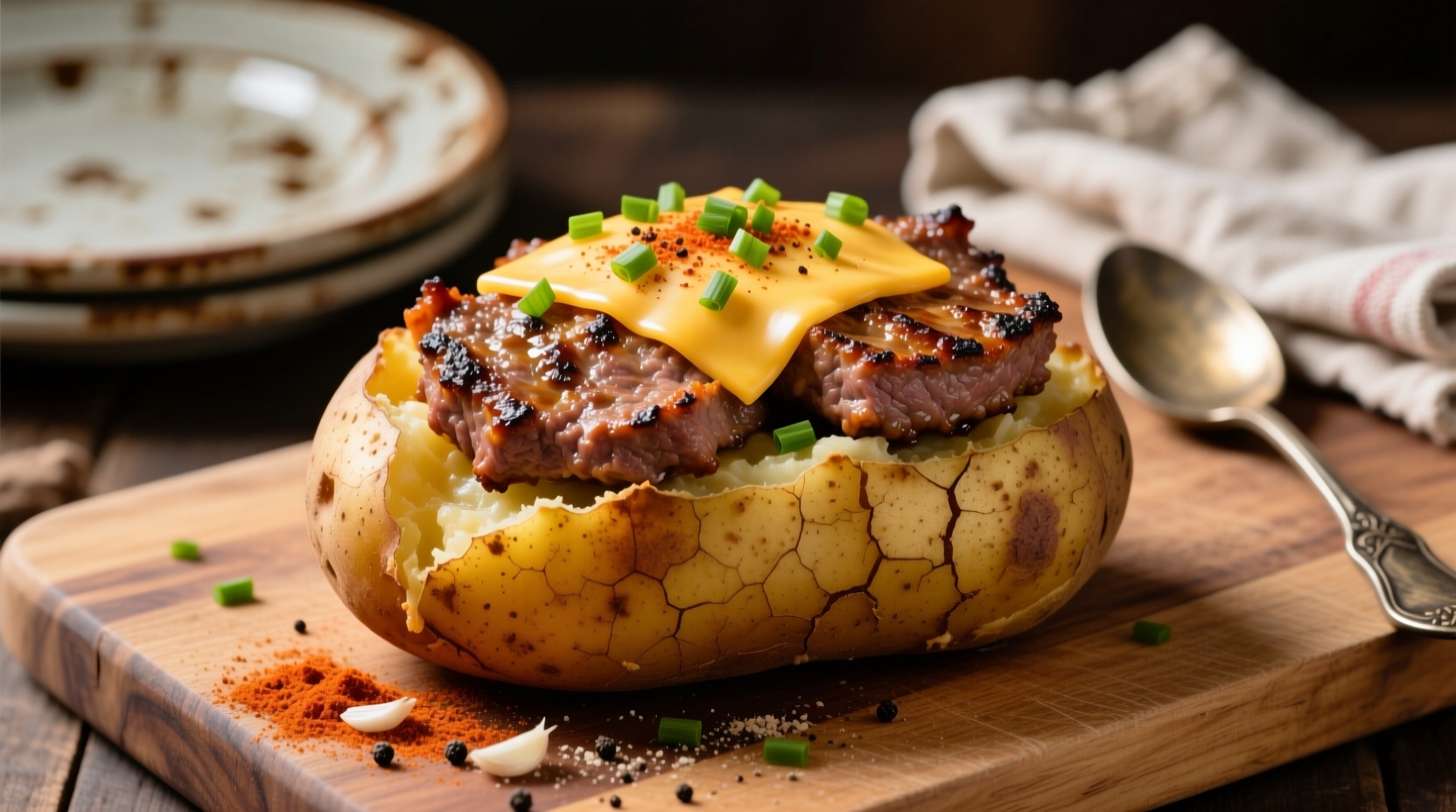 Baked potato topped with savory hamburger meat
