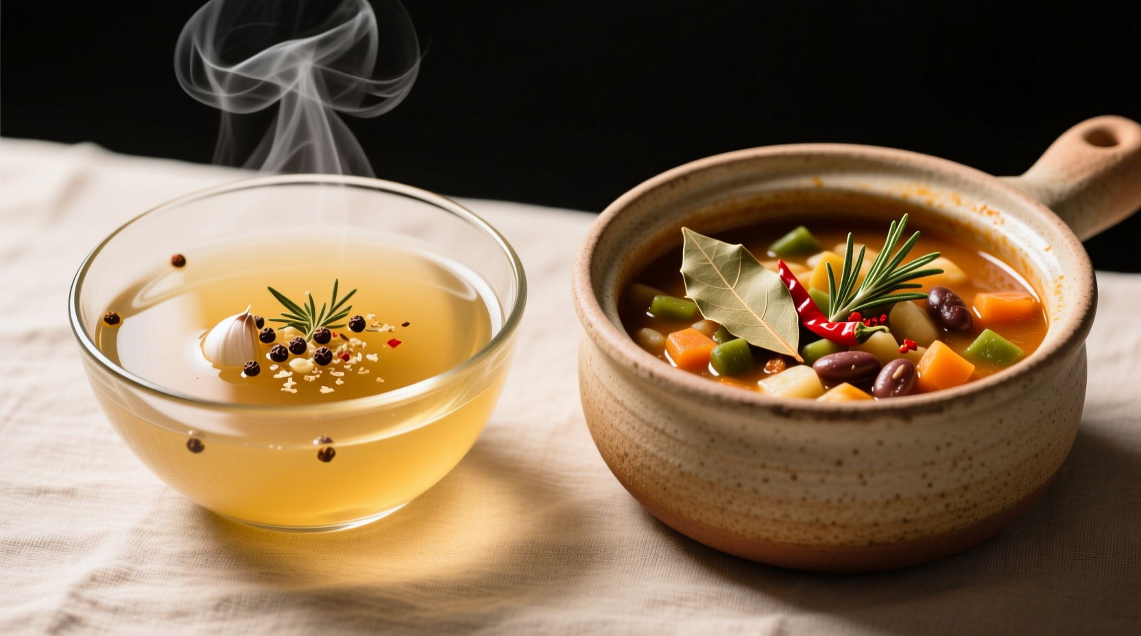 Side-by-side comparison: clear brodo broth in glass bowl vs chunky minestrone in ceramic pot showing spice integration points