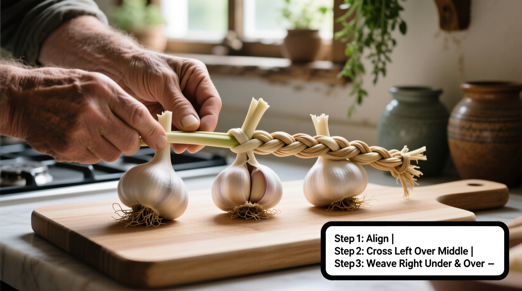 Step-by-step garlic braiding technique demonstration