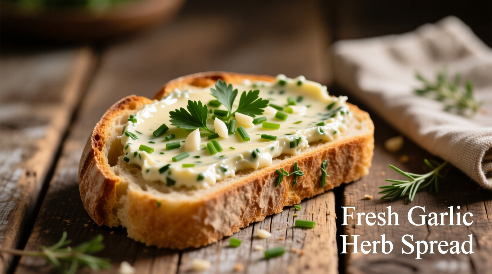 Fresh garlic herb cheese spread on artisan bread with herbs