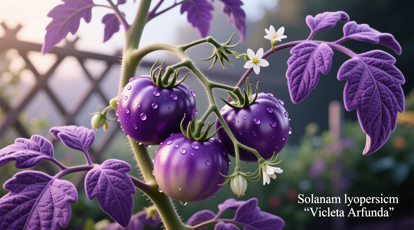 Purple tomato varieties on vine with purple foliage