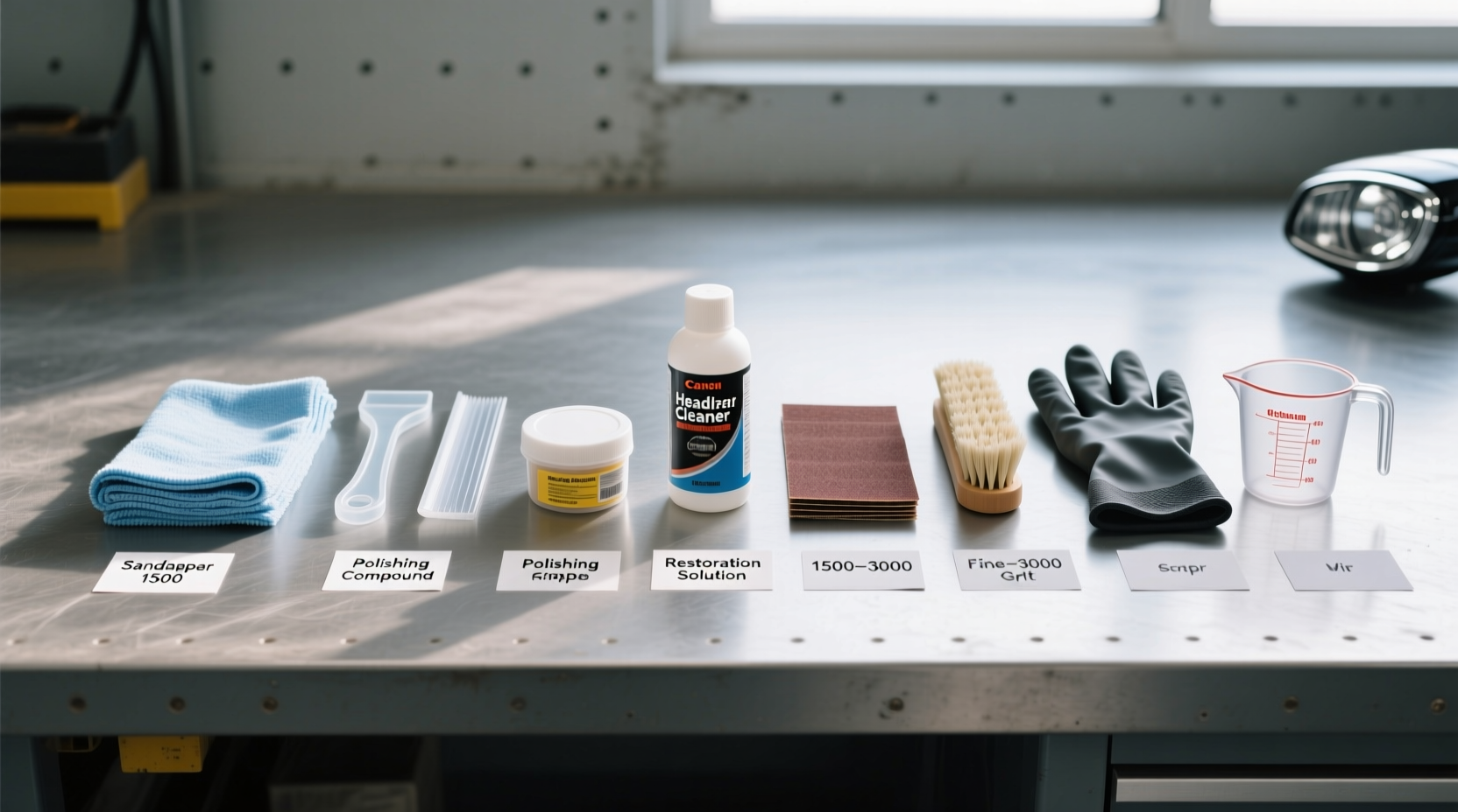 DIY headlight cleaner materials laid out on work surface