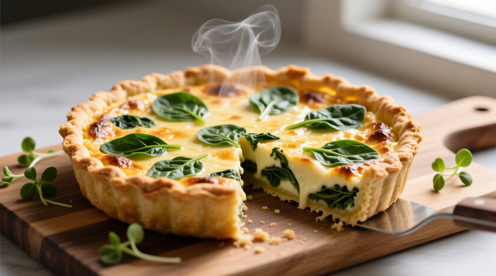 Perfectly baked spinach gruyere quiche with golden crust