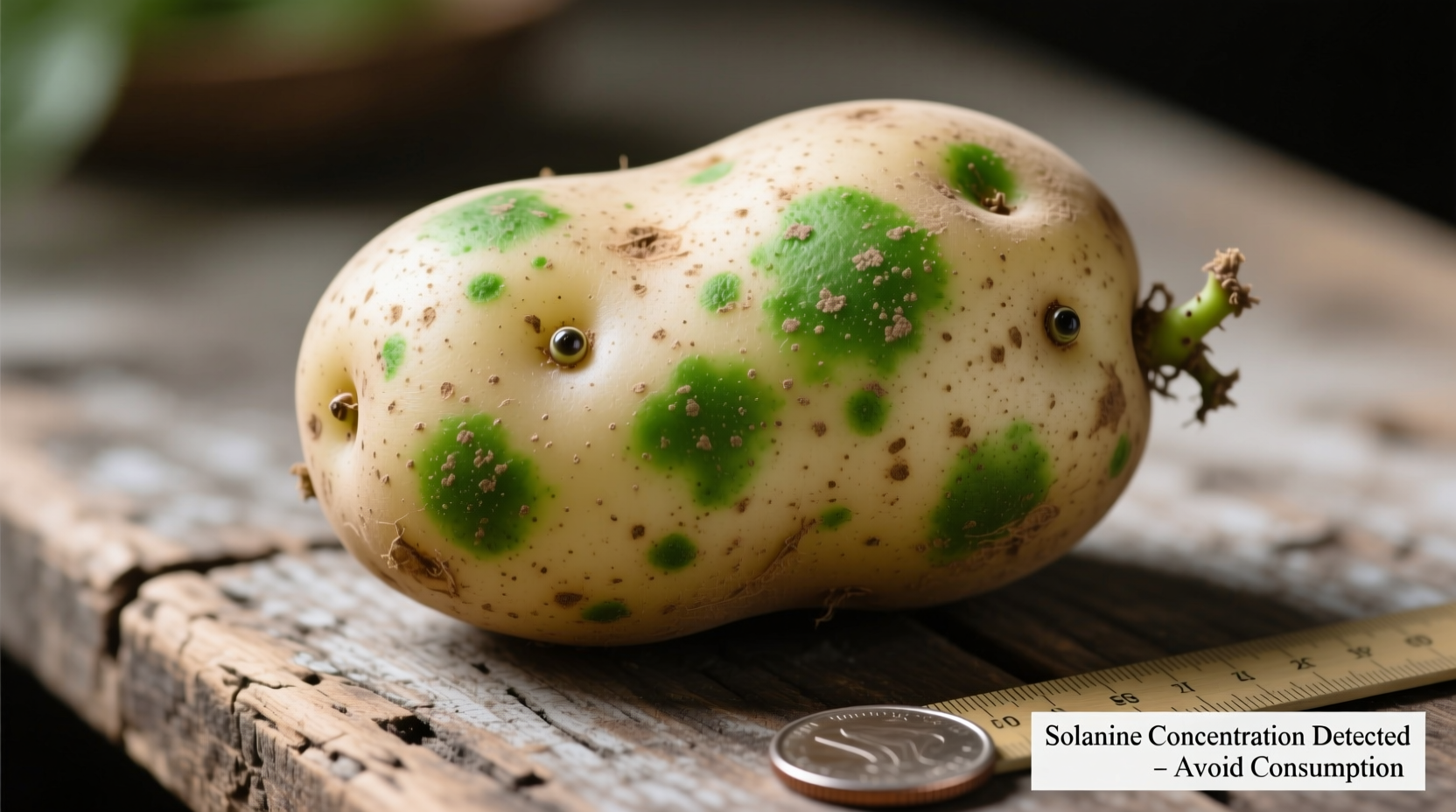 Raw potato with green spots showing solanine concentration