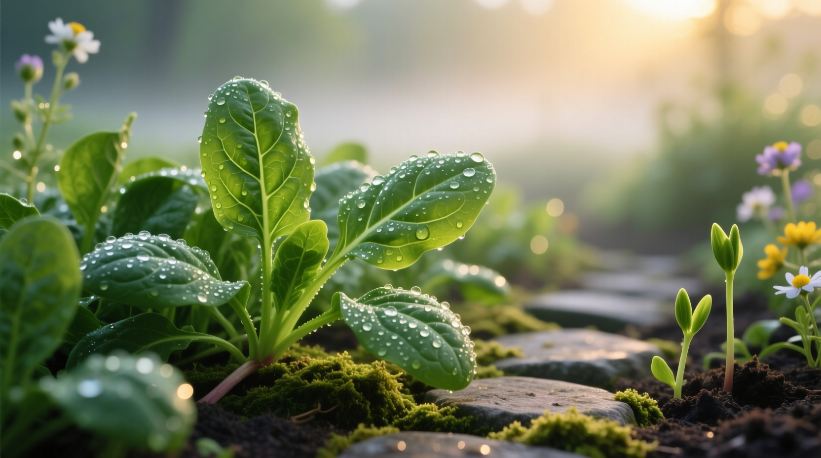 Fresh spinach leaves glistening with morning dew in spring garden