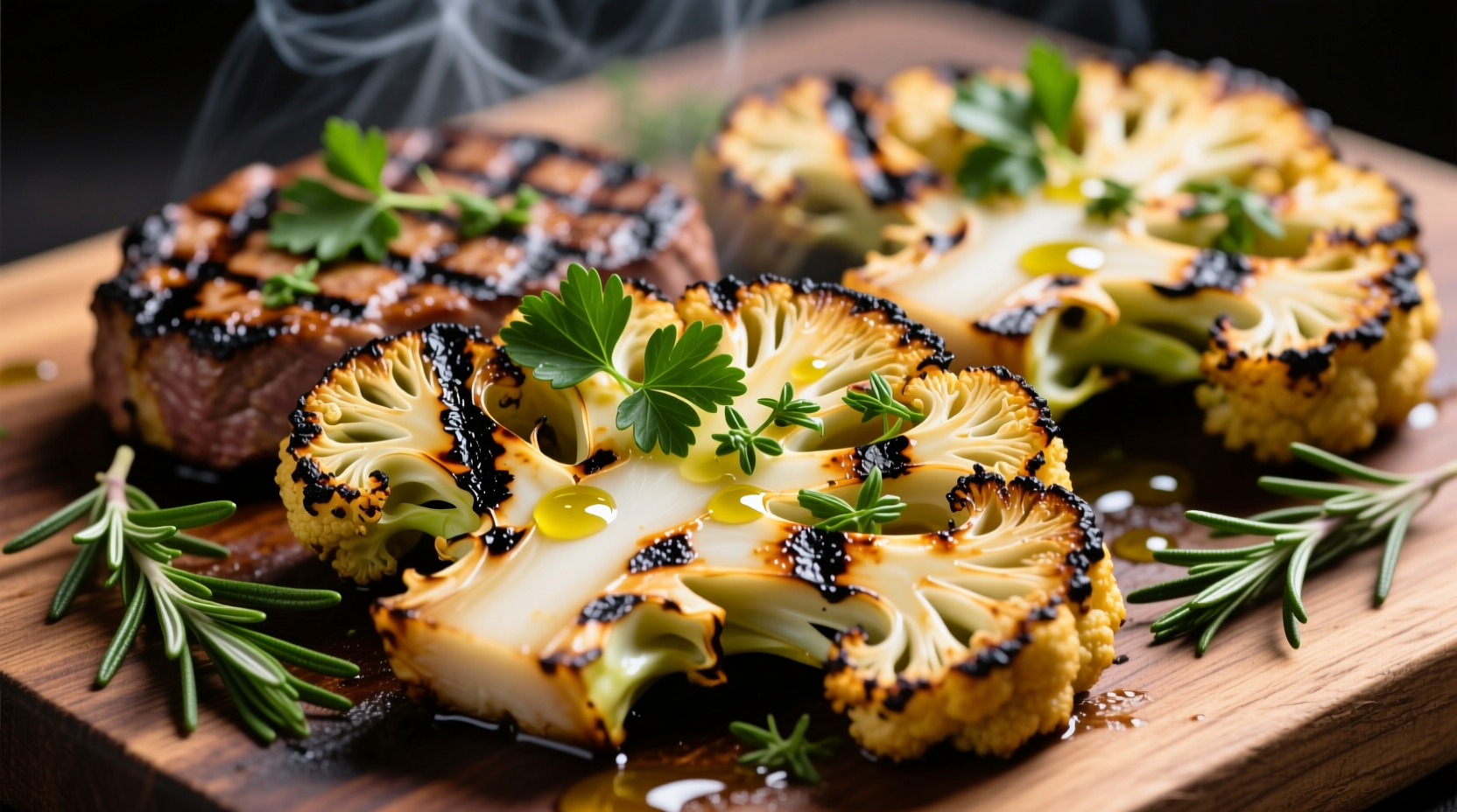 Grilled cauliflower steaks with char marks and herbs