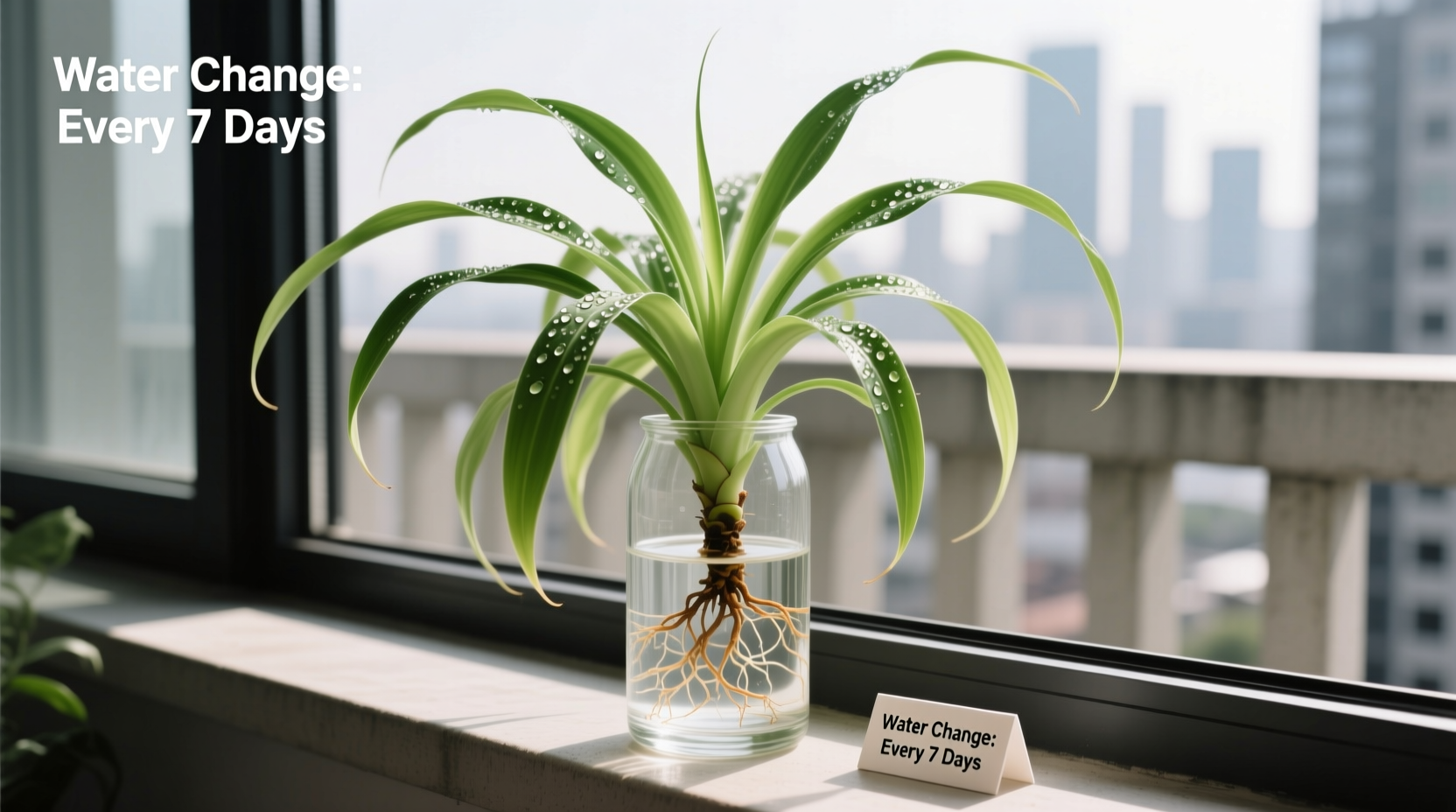 Urban balcony setup: Spider plant in glass vase on windowsill with labeled water change schedule
