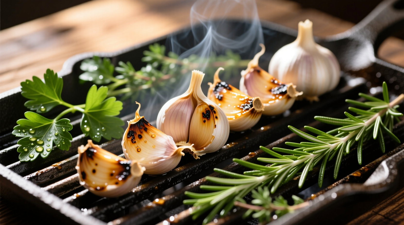 Fresh garlic cloves on grill with herbs