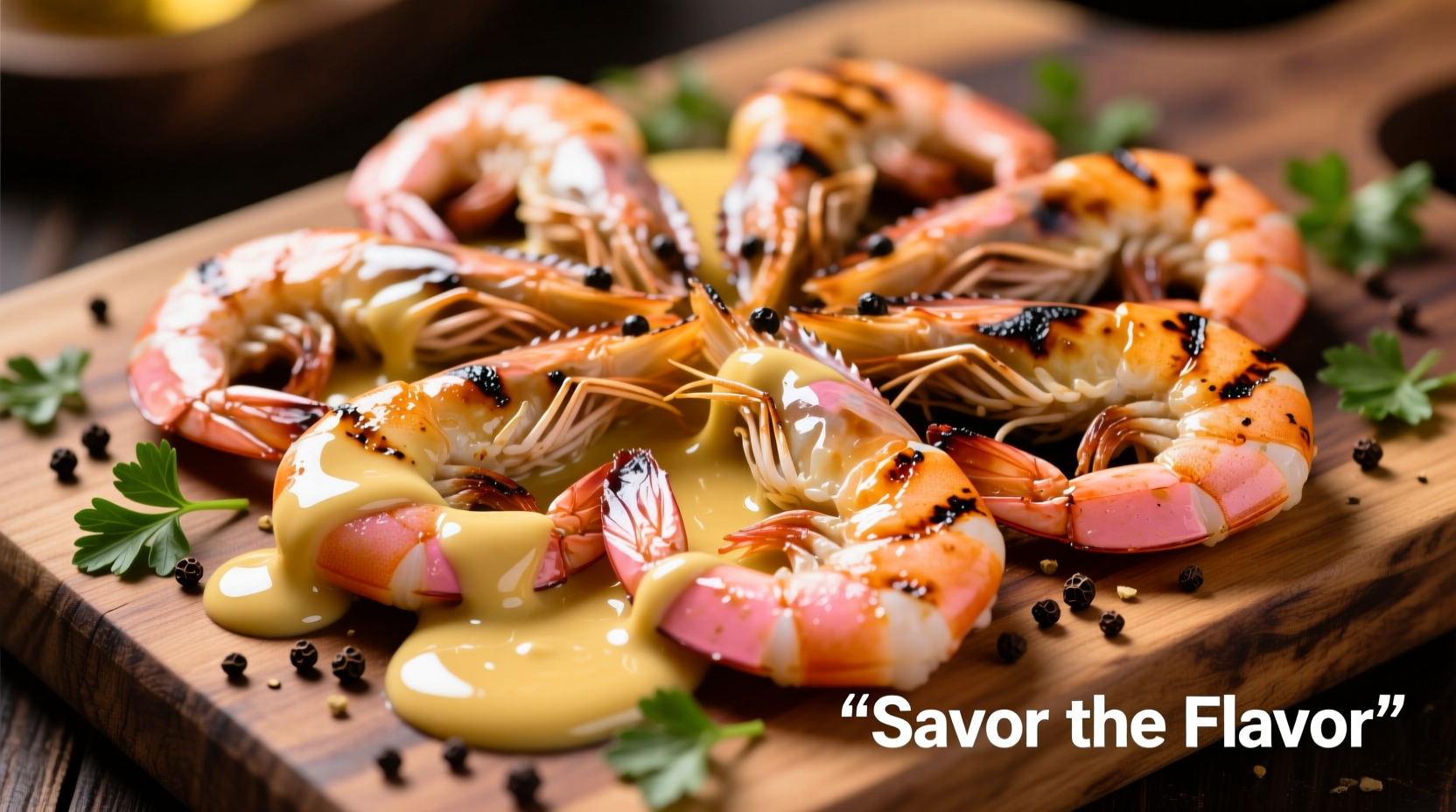 Golden butter garlic sauce drizzled over grilled shrimp