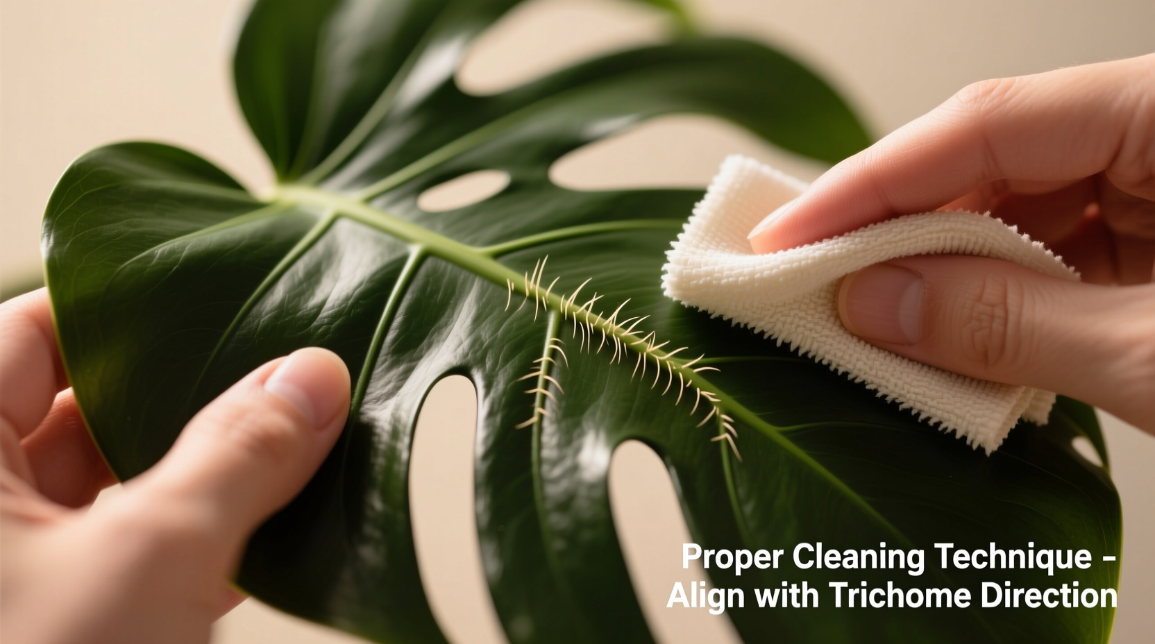 Close-up macro photograph showing proper hand positioning: left hand supporting the underside of a velvety philodendron leaf while right hand strokes the upper surface gently downward with a folded microfiber cloth, aligned with the natural direction of trichome orientation