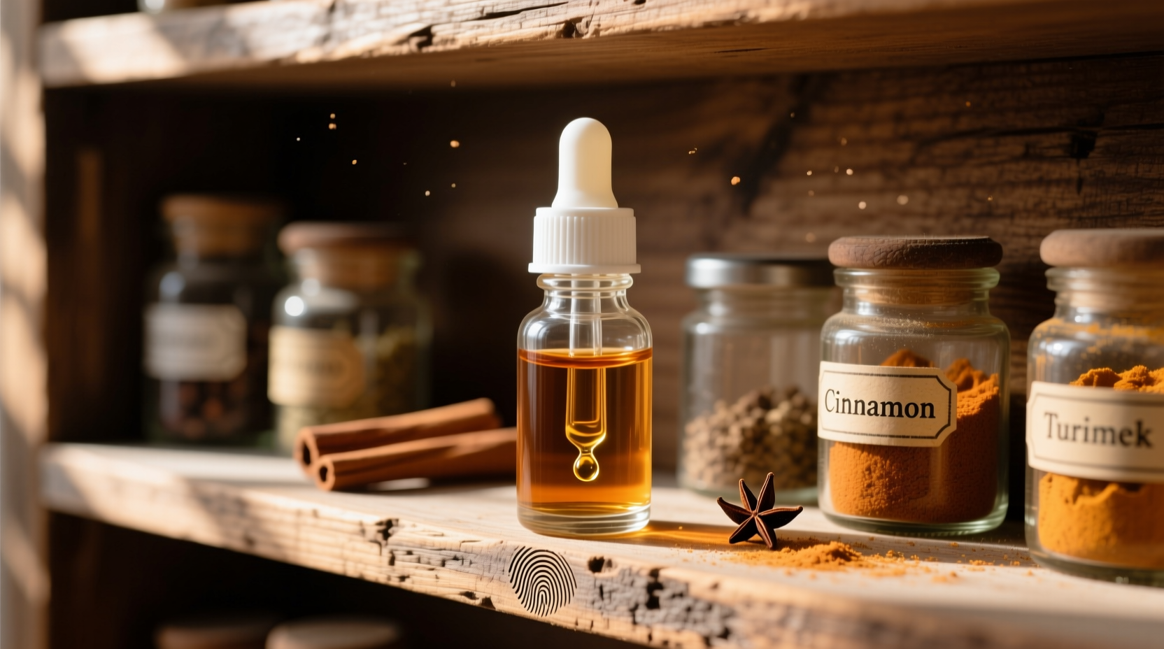 Clove oil dropper on wooden spice rack