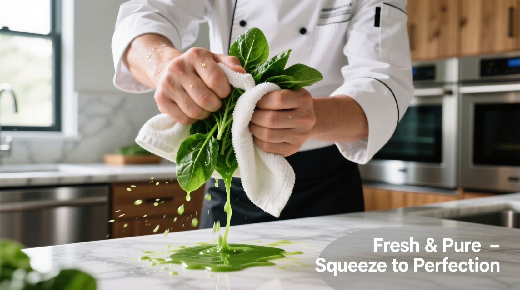 Chef squeezing spinach in kitchen towel