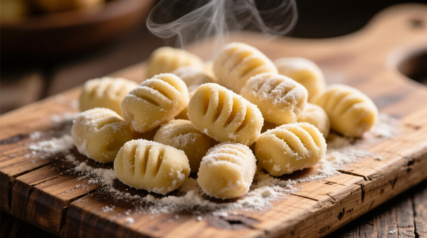 Freshly made potato gnocchi on wooden board