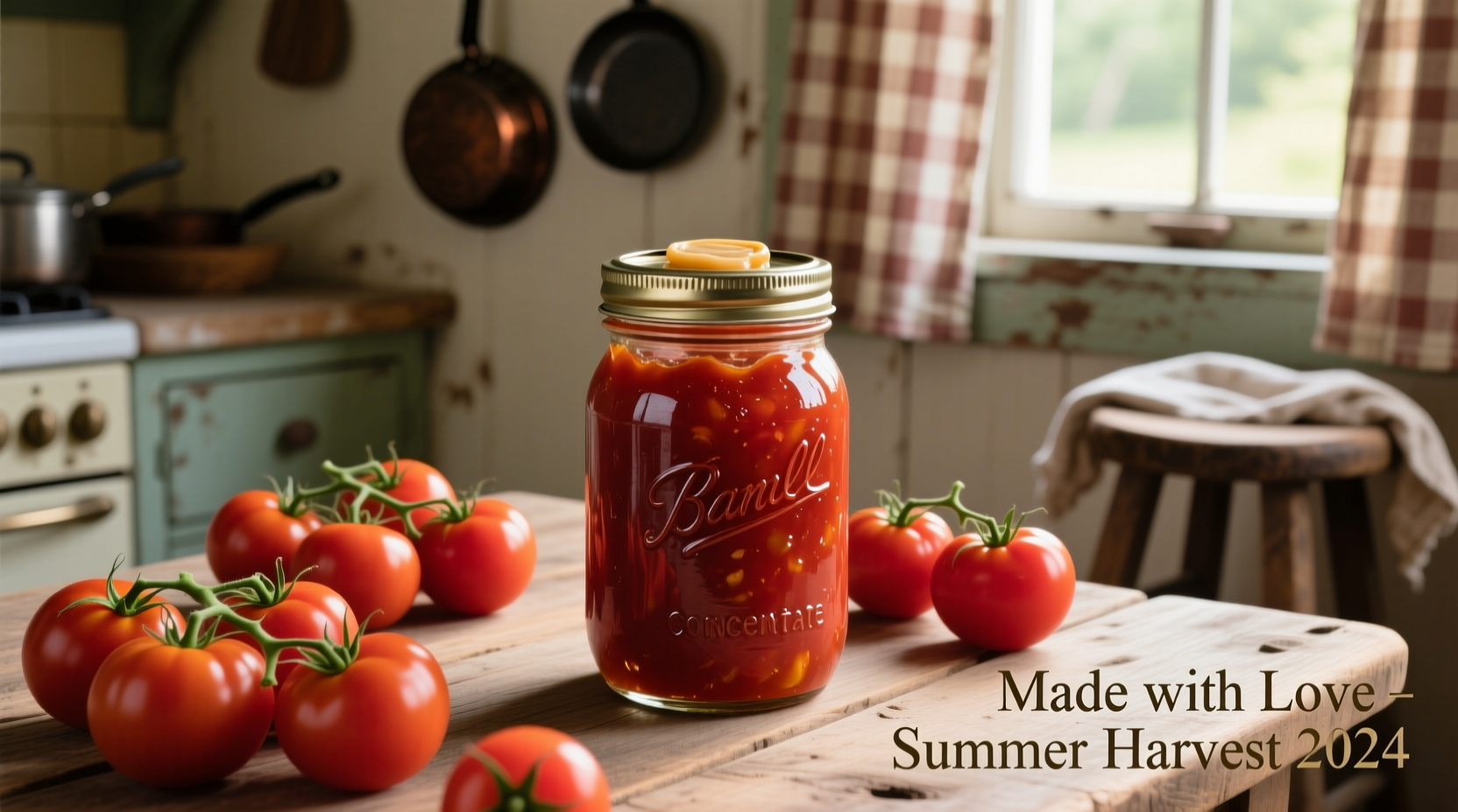 Homemade tomato concentrate in glass jar with fresh tomatoes