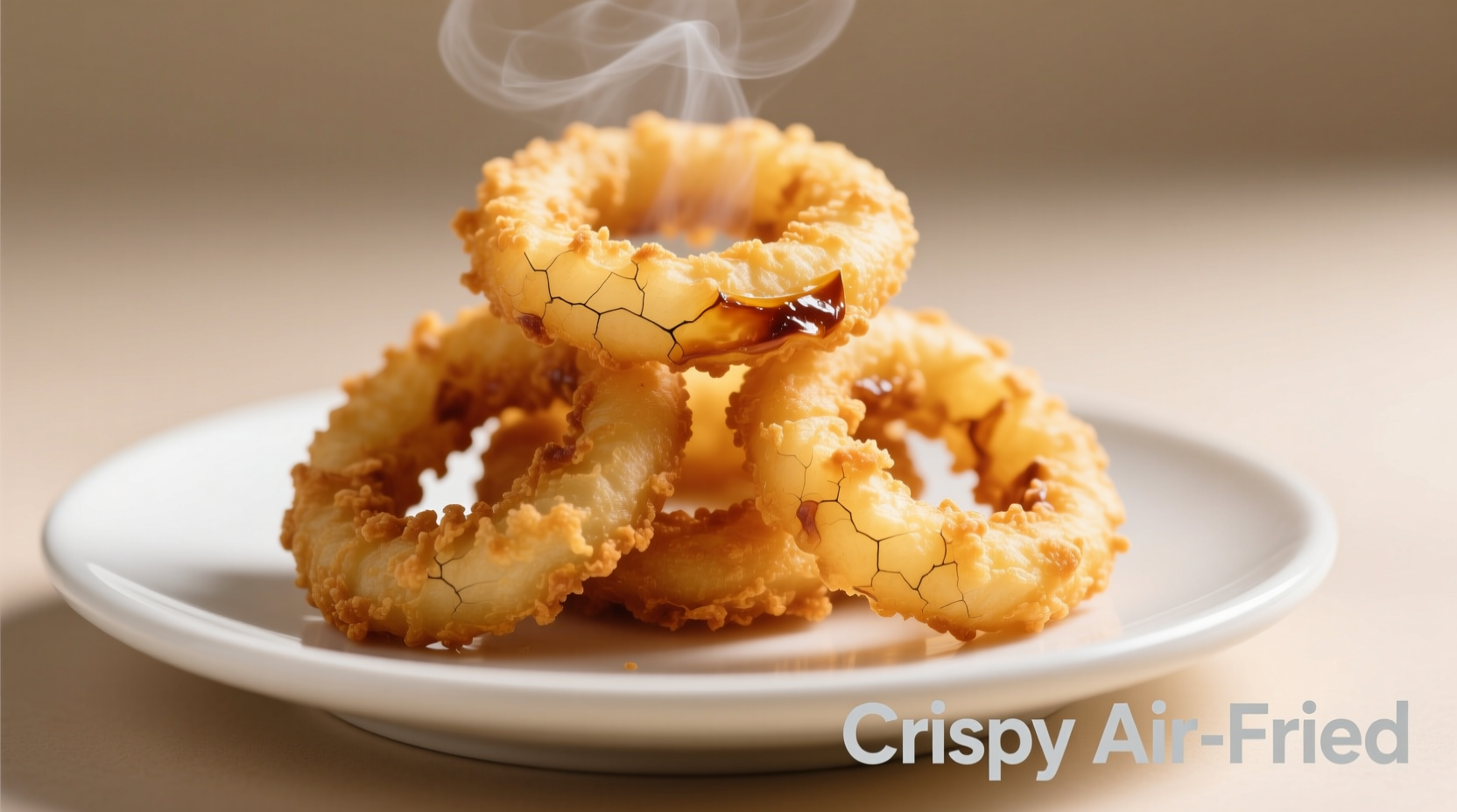 Golden crispy air fried onion rings on white plate