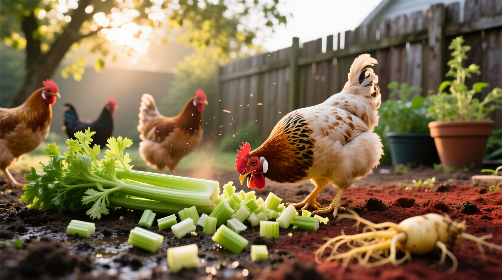 Chickens pecking at chopped celery pieces in backyard