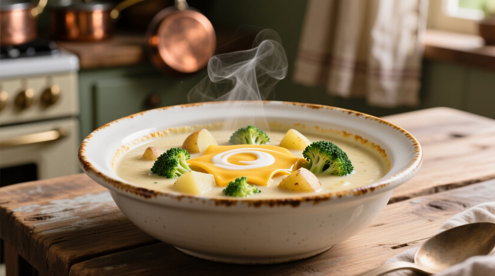 Creamy broccoli cheese potato soup in white bowl