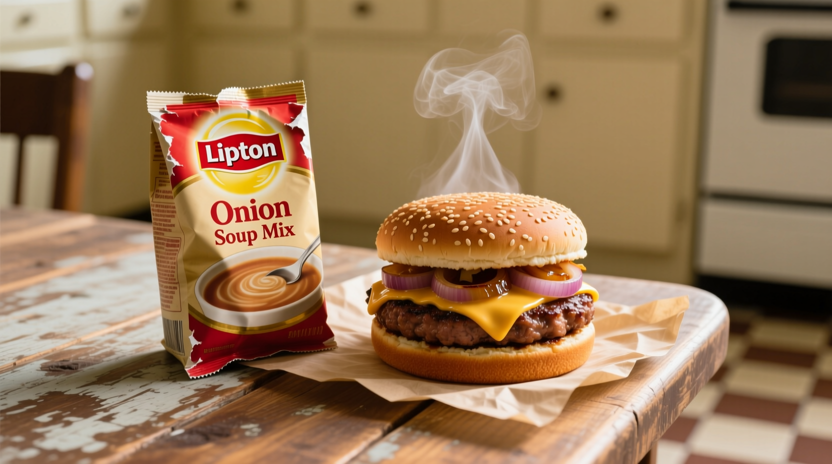 Vintage Lipton onion soup mix packet next to cooked burger