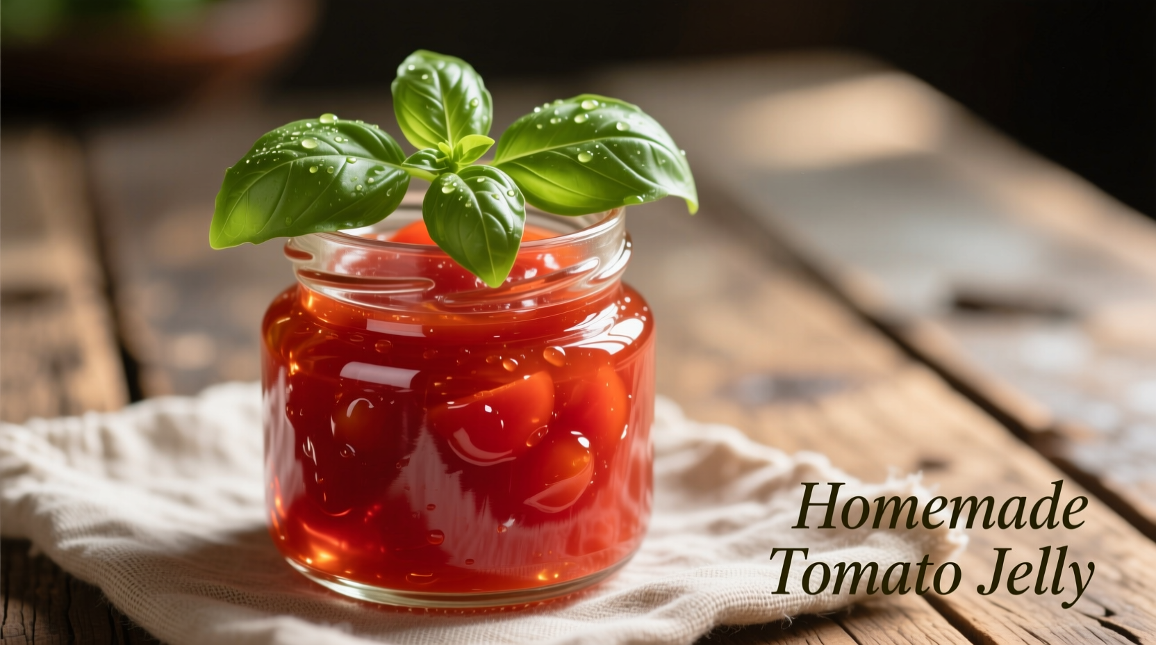 ruby red tomato jelly in glass jar with fresh basil