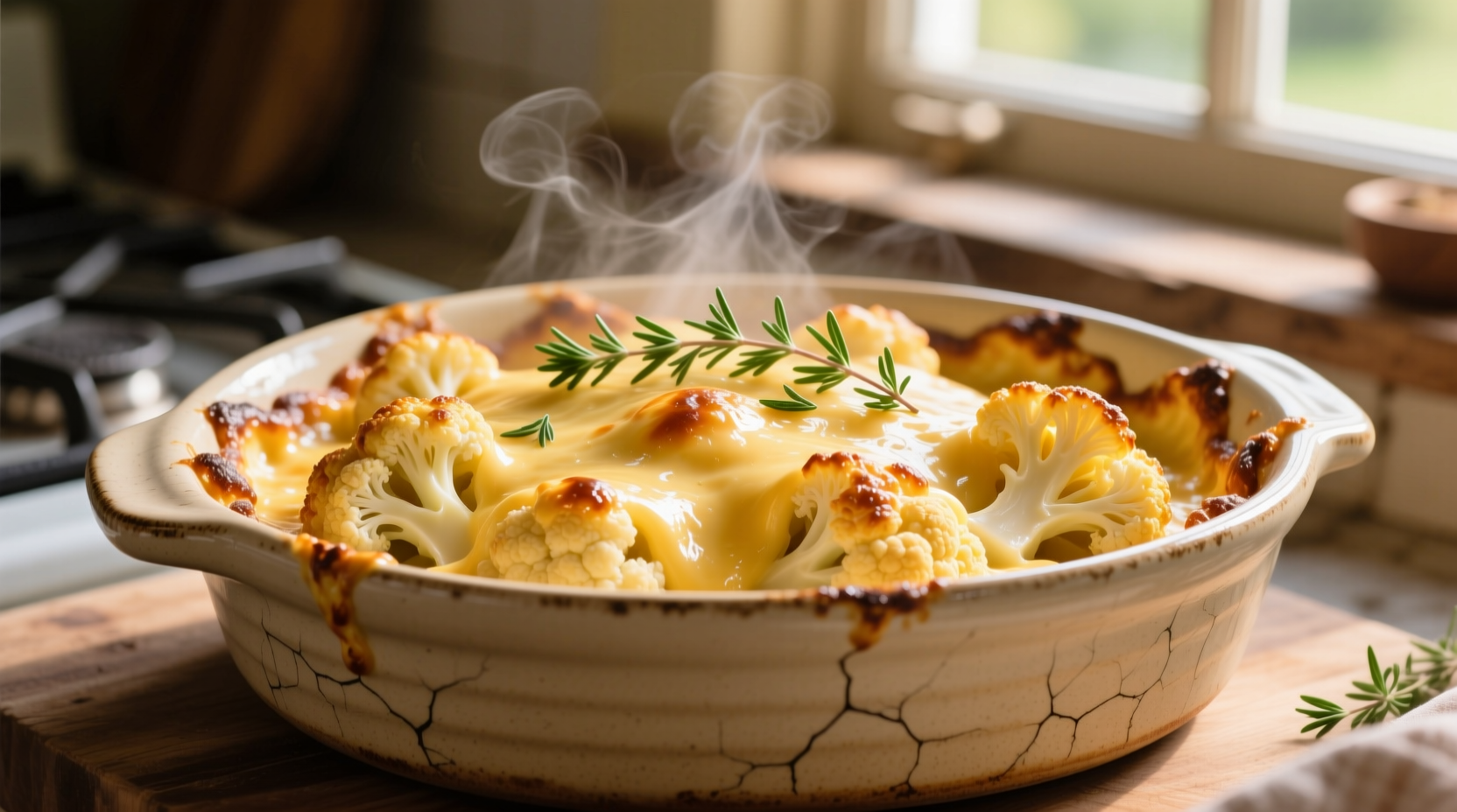 Golden baked cauliflower cheese in ceramic dish
