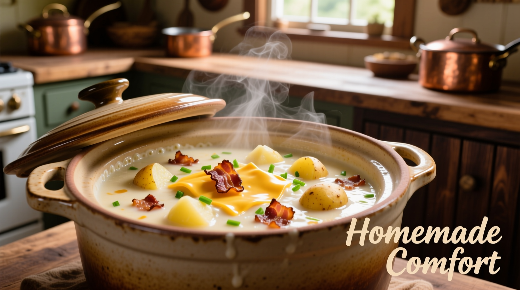 Creamy loaded potato soup in crock pot with bacon and cheese
