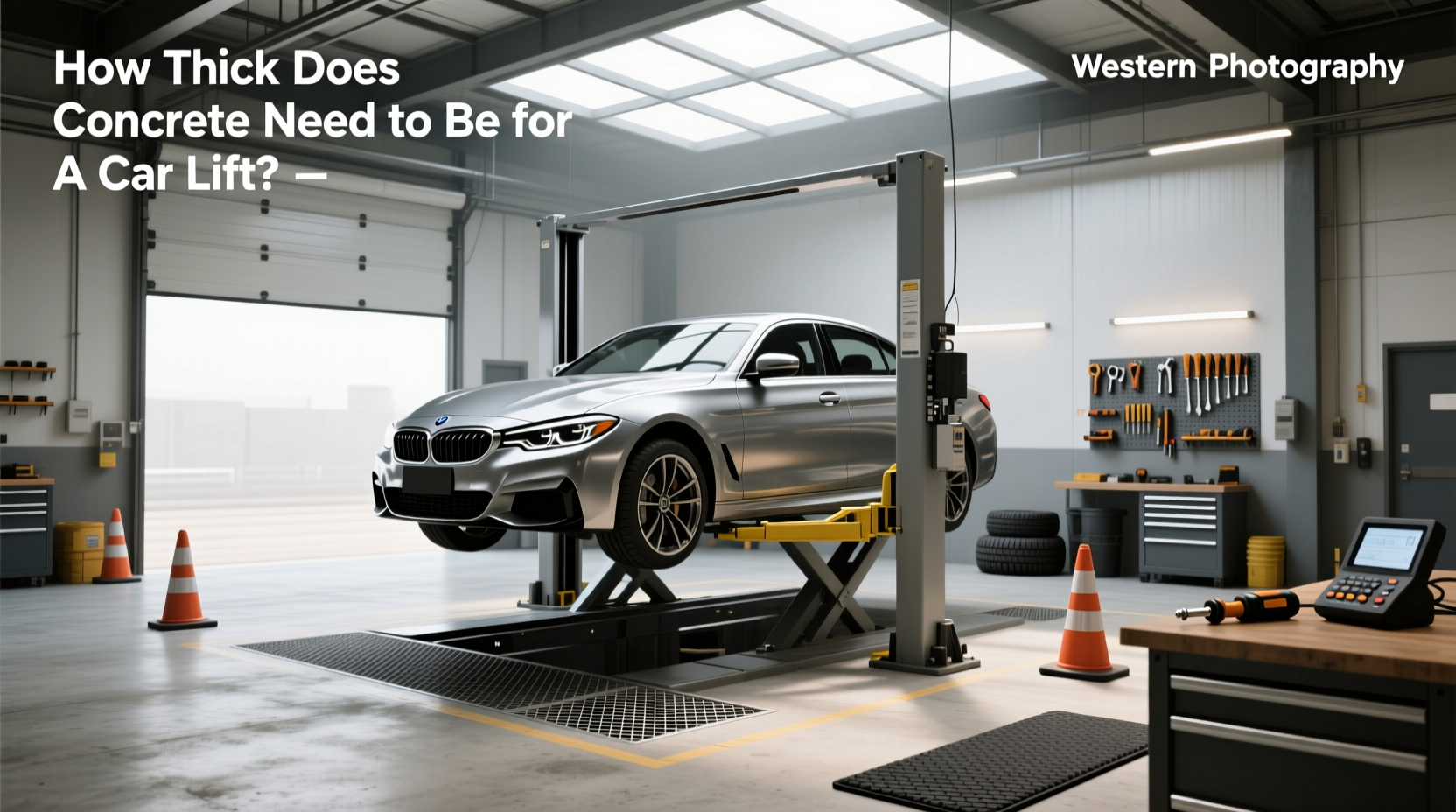 Vehicle lift installed in a residential garage with proper clearance and lighting