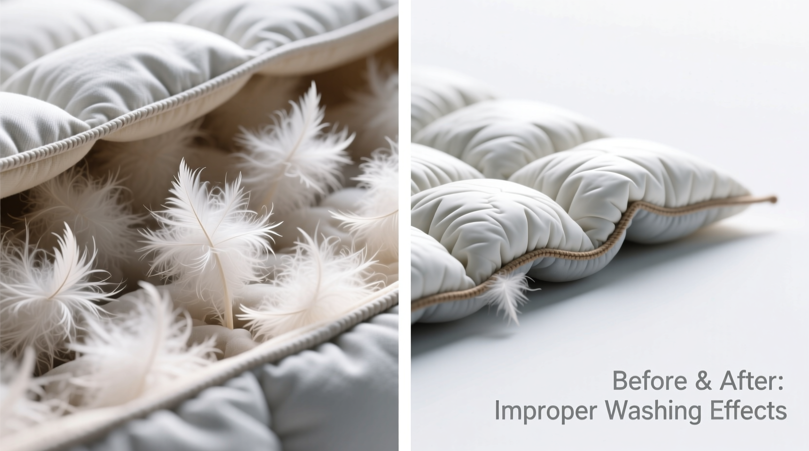 Side-by-side macro photos showing properly distributed baffles in a freshly dried reversible puffer vest versus shifted fill with visible hollow zones and seam distortion after improper washing
