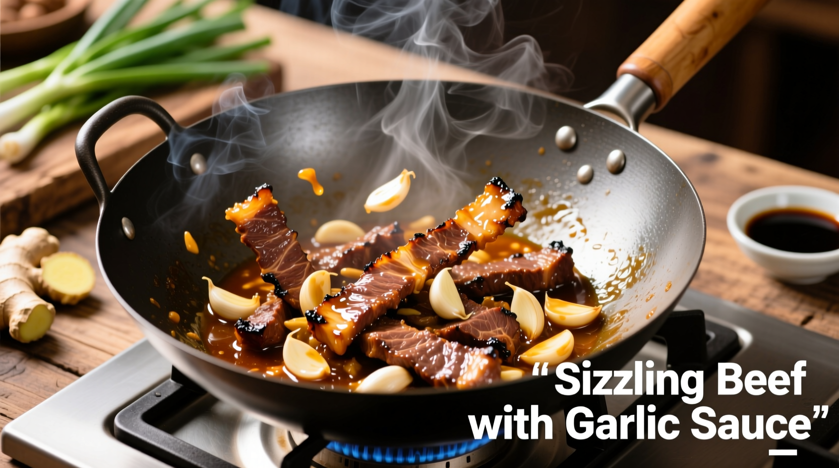 Sizzling beef with garlic sauce in wok