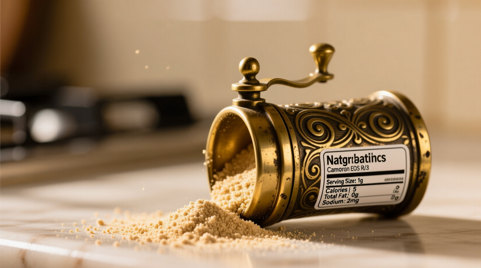 Close-up of garlic powder in shaker with nutrition label