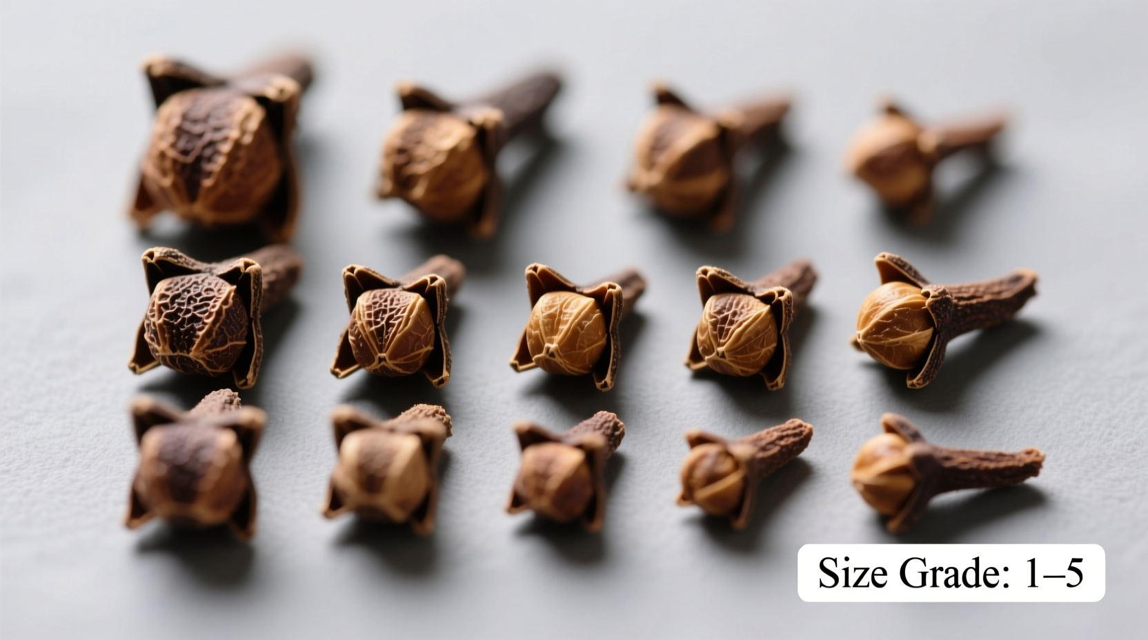 Close-up of whole cloves showing size grading comparison