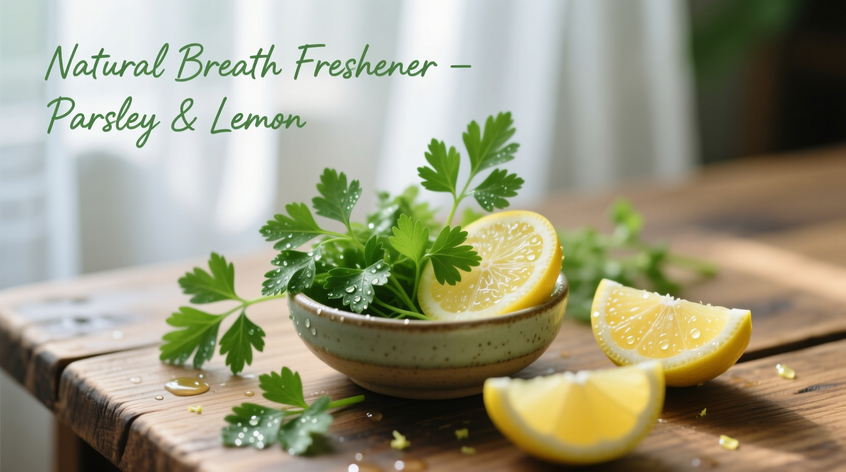 Fresh parsley and lemon slices for natural breath remedy