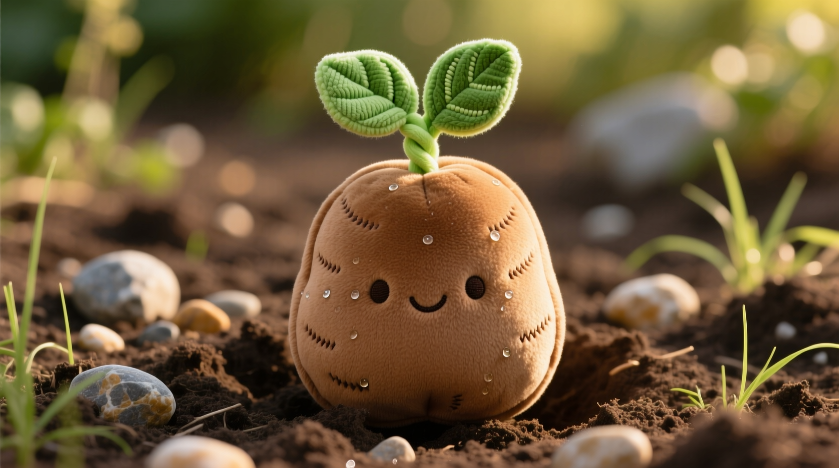 Brown potato Squishmallow plush toy with green sprout detail